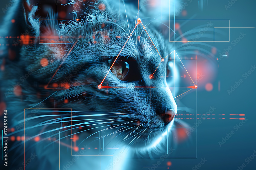 Poster cat. digital wireframe polygon illustration. technology of lines and points.