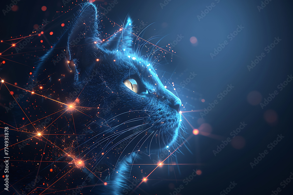 Poster cat. digital wireframe polygon illustration. technology of lines and points.