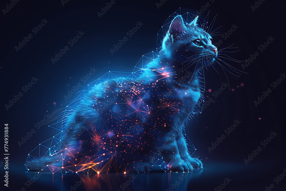 Poster cat. digital wireframe polygon illustration. technology of lines and points.