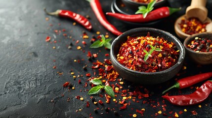 Spicy condiment portrayed in a bowl over a dark setting, assembled with an alloy of dry chili flakes, spicy oil, and raw hot peppers and space, Generative AI.