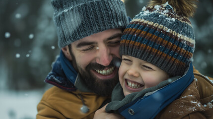 Homem abraçando seu filho ao ar livre - perfil felizes - obrazy, fototapety, plakaty