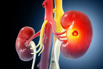 Medically accurate illustration of kidney cancer. showing presence of cancerous tumor inside the kidney. 3d illustration - obrazy, fototapety, plakaty