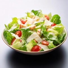 Caesar salad on a white plate. minimalistic dish presentation