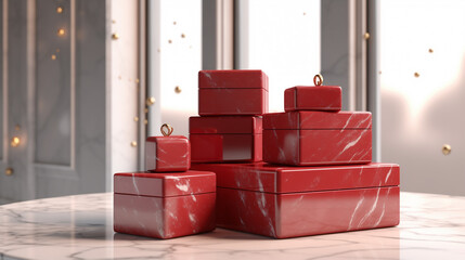 red gift boxes displayed on marble stand, in the style of octane renderings, eye level
