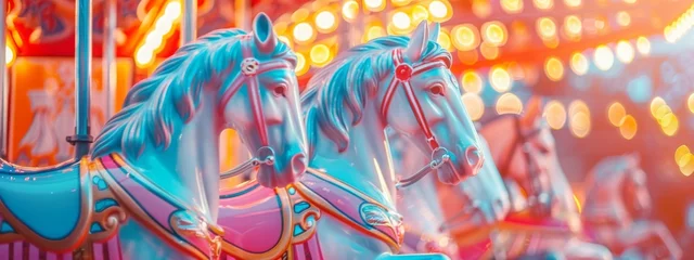 Fotobehang World Circus Day. Holiday concept. horse rides for kids in circus on merry go round swing , background, banner, card, poster  © JovialFox