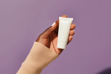 African American womans hand holds white tube on purple background. Skin health care concept
