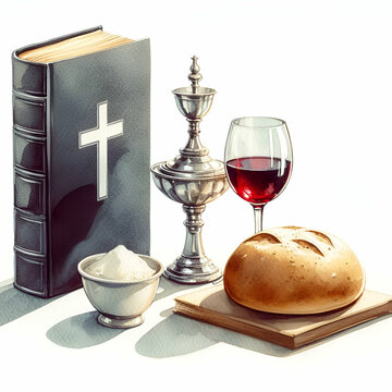 Eucharistic symbols. Lord's supper symbols: Bible, wine glass and bread on the table. Digital watercolor painting.
