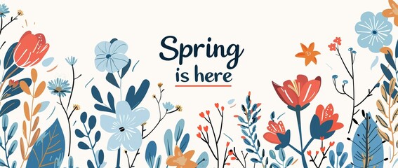 Vector flat spring banner with text "Spring is here", simple illustration of flowers and plants on white background
