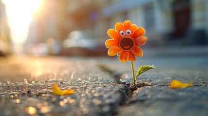 an anthropomorphic flower with a cute face bursting through a crack in a sidewalk to yawn and stretch in the bright morning sunlight