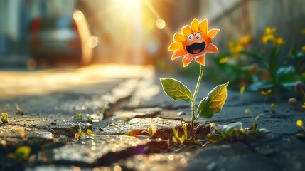 an anthropomorphic flower with a cute face bursting through a crack in a sidewalk to yawn and stretch in the bright morning sunlight