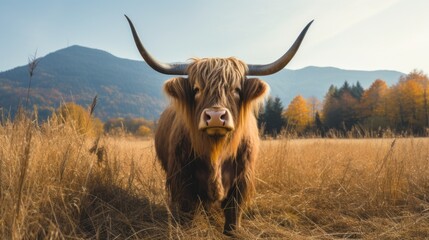 A strong bull stands in a meadow looking at the camera