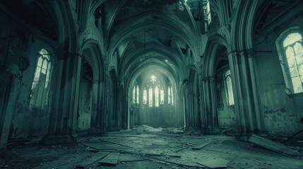 A very old and abandoned church with a lot of broken glass, AI