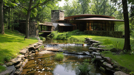 A babbling brook meandering past the circular home, adding to its tranquility.