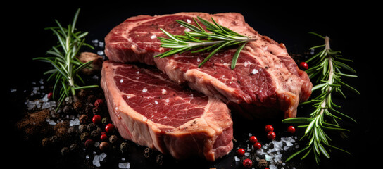 Two steaks with rosemary sprigs on a black background