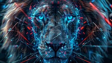 lion robot on cyber background - obrazy, fototapety, plakaty