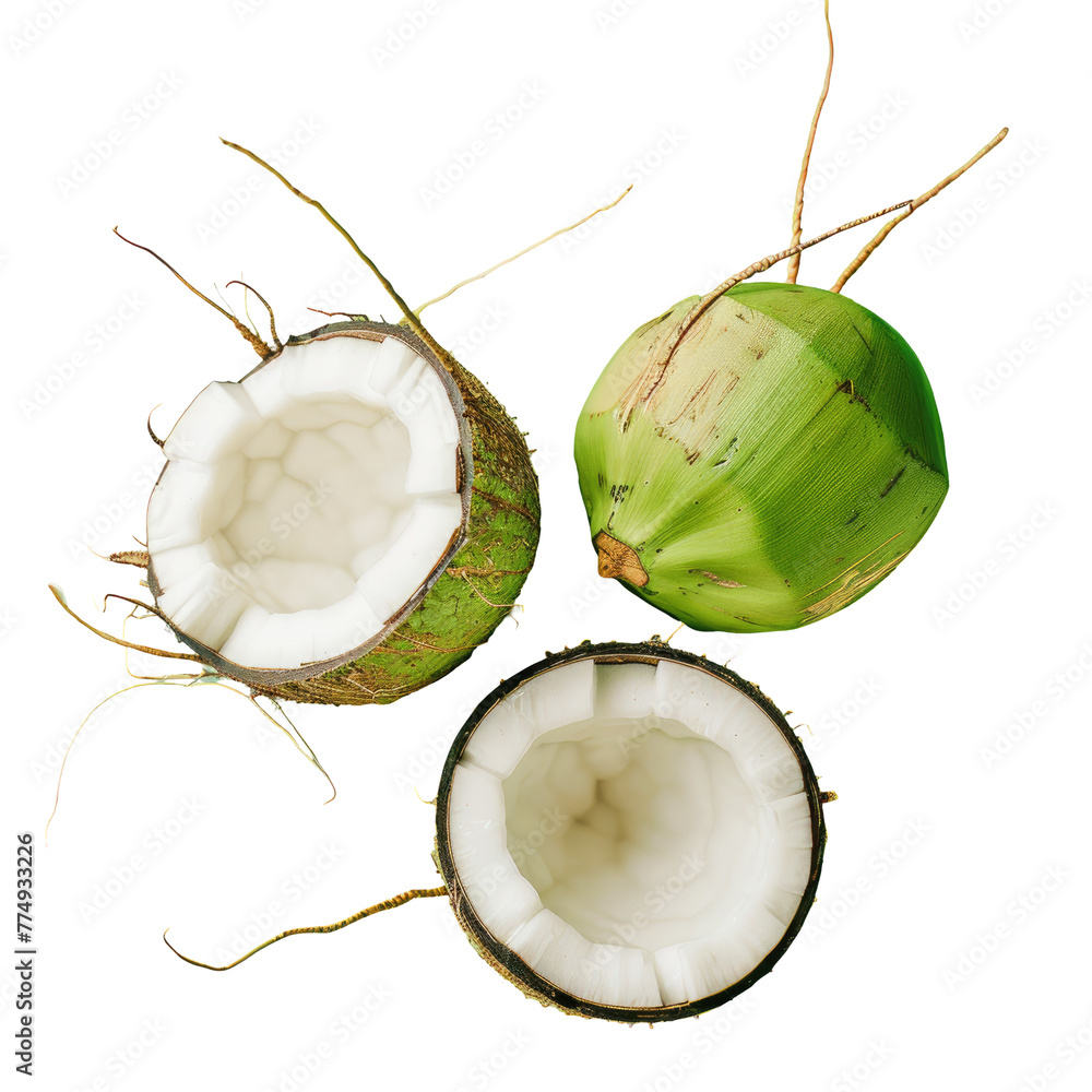 Poster three halved coconuts on transparent background