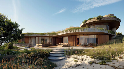A clear blue sky above, complementing the earthy tones of the circular dwelling.