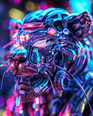 Fototapeta premium lion robot on neon background