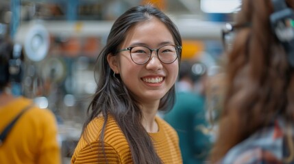 A woman with glasses smiling while standing in a crowd, AI