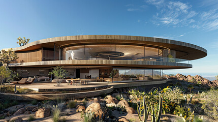 A clear blue sky above, complementing the earthy tones of the circular dwelling.
