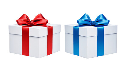 white gift box with red and blue ribbon isolated on transparent background cutout