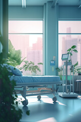 Hospital room with patient bed, medical equipment, and window natural light