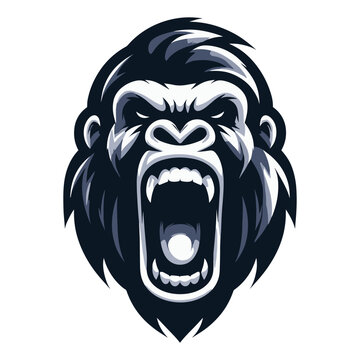 Wild angry gorilla head face design illustration, roaring strong big ape logo mascot, primate animal zoology element illustration, vector template isolated on white background