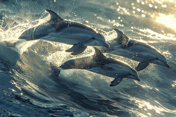 Sunlit dolphins  photorealistic ocean scene with playful pod leaping from crystal clear waters - obrazy, fototapety, plakaty