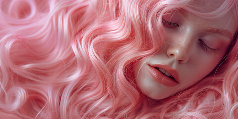 Haircare  banner wavy pastel pink hair color swatch one woman face model stylist cotton candy bubblegum rose tone curly wig extension product dye palette sample chart wave design hairstylist closeup