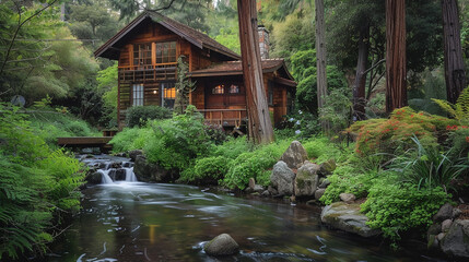 A gentle stream flowing nearby, serenading the charming wooden retreat.