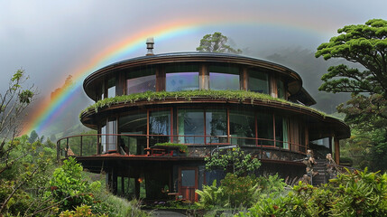 A rainbow arching over the circular house, a whimsical touch of magic.