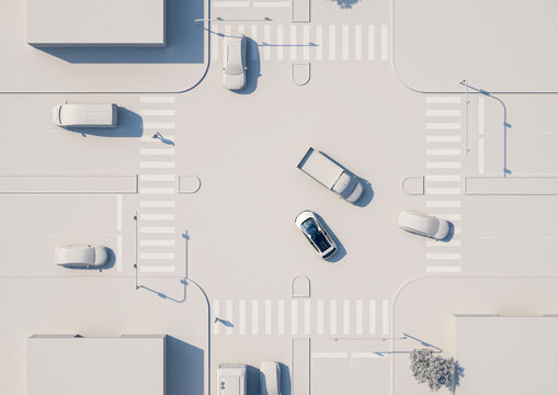 Autonomous Vehicle Driving Crossroad ADAS Top View Left Turn