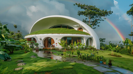 A rainbow arching over the circular house, a whimsical touch of magic.