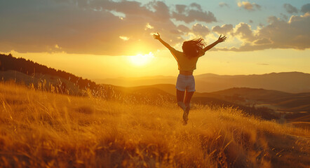 A woman jumping in the air with her arms raised, enjoying nature at sunset on top of a hill. Beautiful landscape with golden grass and mountains in background. Happy person symbolizing freedom and joy - Powered by Adobe