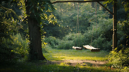 A rustic wooden swing hanging from a nearby tree, adding to the idyllic charm.
