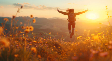 A woman jumping in the air with her arms raised, enjoying nature at sunset on top of a hill. Beautiful landscape with golden grass and mountains in background. Happy person symbolizing freedom and joy - Powered by Adobe