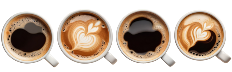 A series of 4 coffee cups isolated on a transparent background, top view