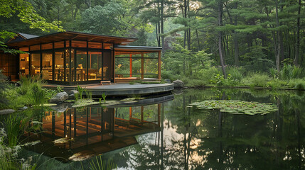 A tranquil pond reflecting the beauty of the circular wooden retreat, a serene vista.