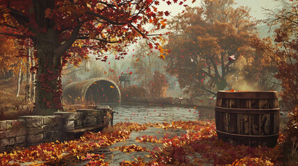 Autumn leaves gently falling around the barrel-shaped sanctuary, a picturesque scene.