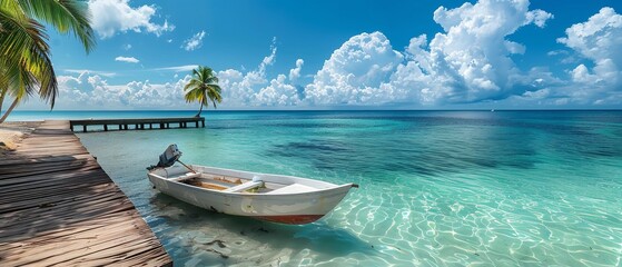 White boat at palm-tree-lined pier a lovely sweeping tropical vista encompassing a turquoise sea and a blue sky filled with clouds and space, Generative AI. - obrazy, fototapety, plakaty