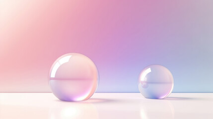 Two transparent 3D glass sphere forms on abstract pastel gradient background