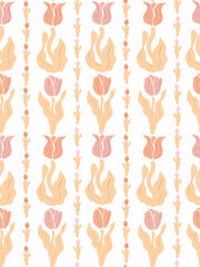 Delicate tulip flowers in pink peachy colors. Trendy aesthetic contemporary groovy florals design, seamless pattern.