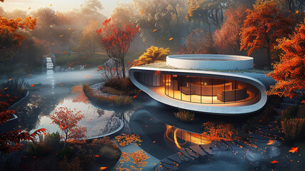 Autumn leaves swirling around the circular house, a whimsical sight.