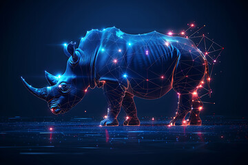Fototapeta premium Stunning digital wireframe polygon illustration of a rhinoceros, seamlessly blending line and dots technology. Ideal for tech-themed designs, web graphics, and educational materials