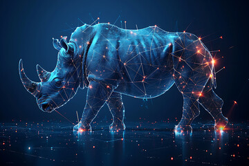 Stunning digital wireframe polygon illustration of a rhinoceros, seamlessly blending line and dots technology. Ideal for tech-themed designs, web graphics, and educational materials