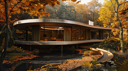 Autumnal splendor enveloping the circular house, a haven amidst nature's palette.