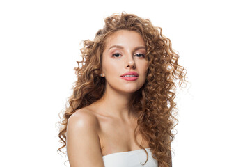 Perfect good-looking redhead woman with clean skin, curly hairstyle and natural make-up. Female...