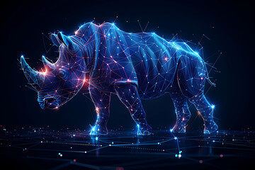 Stunning digital wireframe polygon illustration of a rhinoceros, seamlessly blending line and dots technology. Ideal for tech-themed designs, web graphics, and educational materials