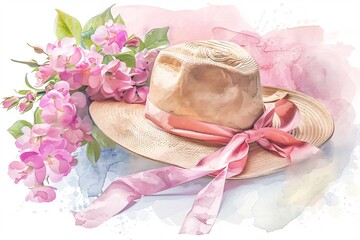 a hat with a pink ribbon and flowers