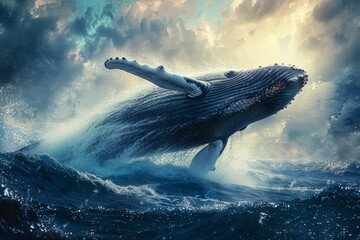 Majestic humpback whale leaps in moonlit depths, stunning marine scene in photorealistic style